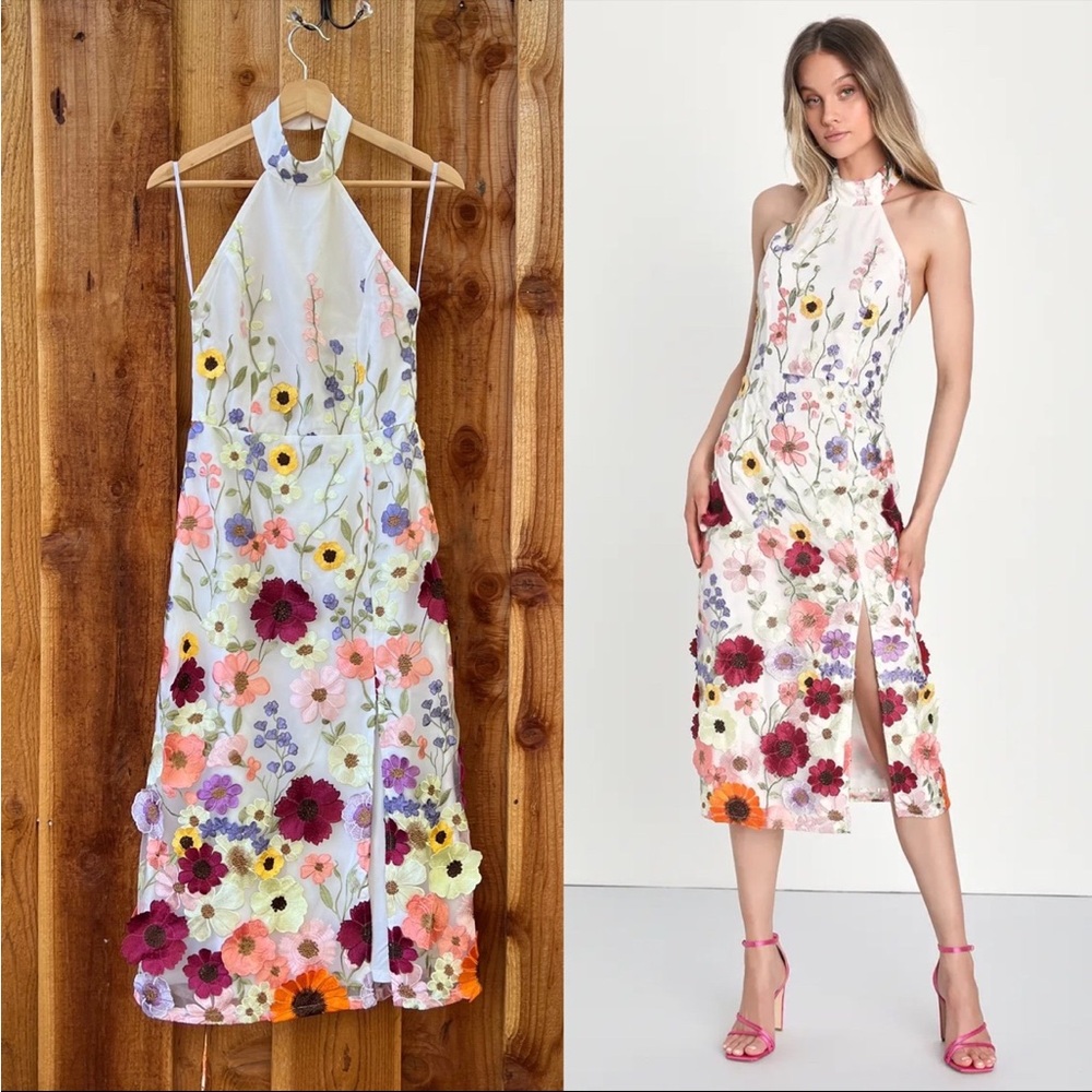 Ivory 3D Colorful Floral Embroidered Halter Midi Dress 🌿